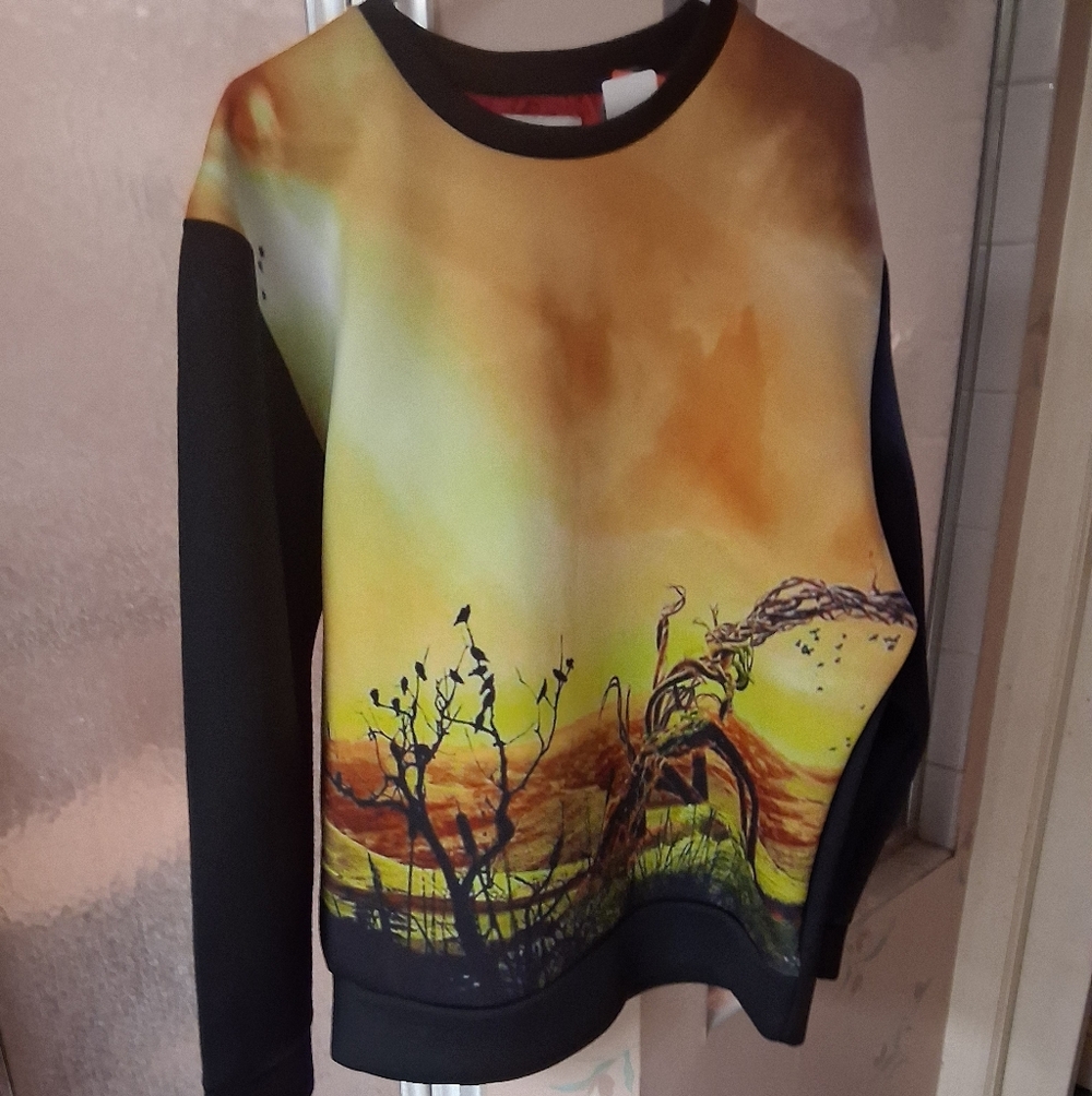 Decibel Men's 2XL Scuba Fabric Surreal Landscape Black and Yellow Graphic Shirt